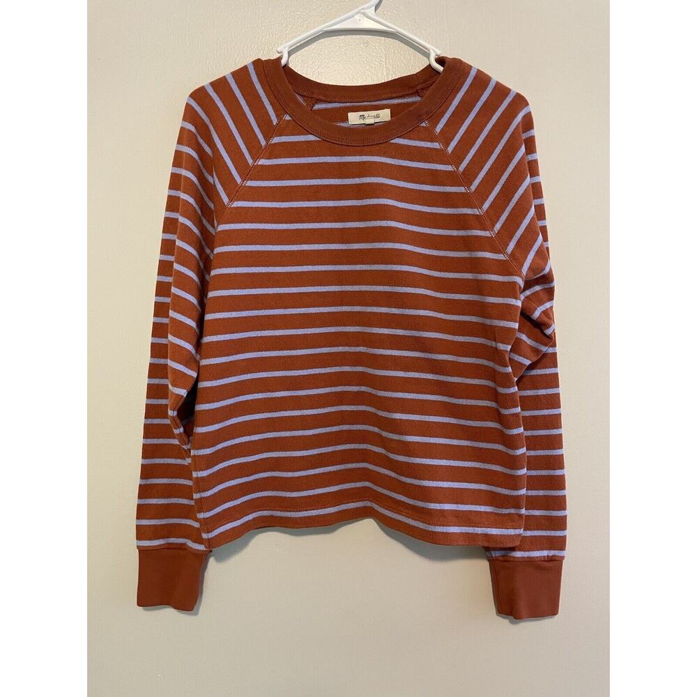 Madewell Size S Orange Blue Striped Tight Knit Sweater 100% Cotton